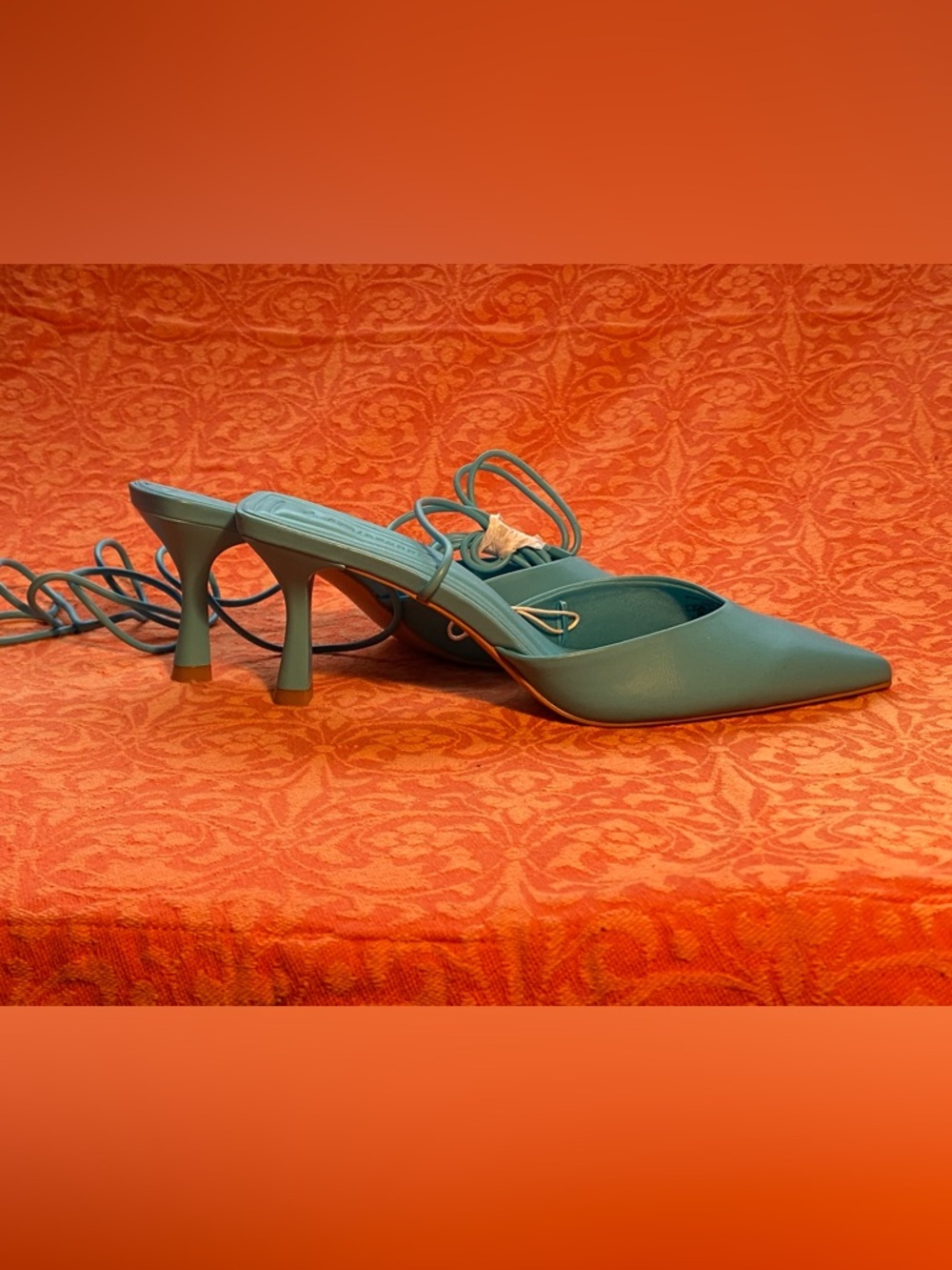 NWOT Stradivarius turquoise leather ankle wrap mules,kitten heels,pointy toe,7 - Picture 7 of 12